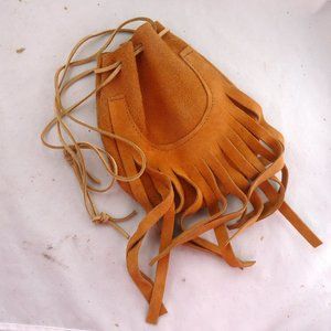 Leather drawstring bag pouch fringe western toy hunting shot patch marple child